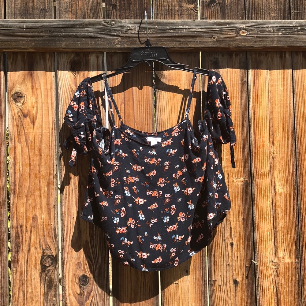 Off the Shoulder Floral Blouse — Navy Blue